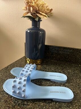 STEVE MADDEN Spike Flat Blue Jelly Slide Flip Flop Sandals Womens 7